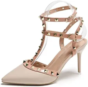 Spring, Summer And Autumn New Pointy Black Riveted High Heels Women's Sandals Slim Heels Beautiful Nude Single Shoes Willow Ding Light Mouth Women's Shoes