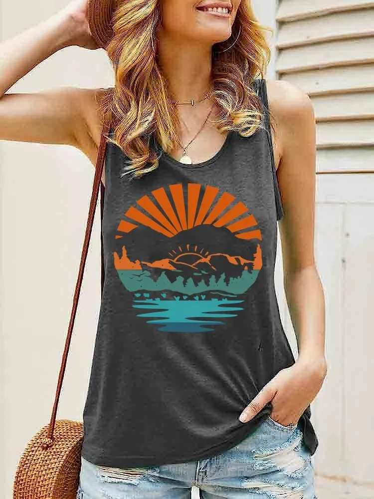 Summer Casual Funny Cute Tank Tops for Women Hiking Mountain Adventure Beach Vacation Letter Pint Graphic Tee Shirt