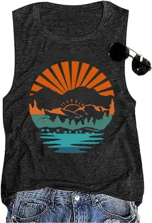 Summer Casual Funny Cute Tank Tops for Women Hiking Mountain Adventure Beach Vacation Letter Pint Graphic Tee Shirt