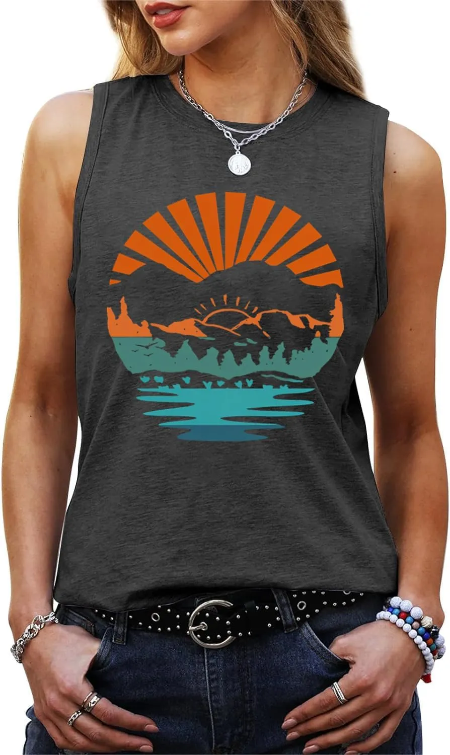 Summer Casual Funny Cute Tank Tops for Women Hiking Mountain Adventure Beach Vacation Letter Pint Graphic Tee Shirt