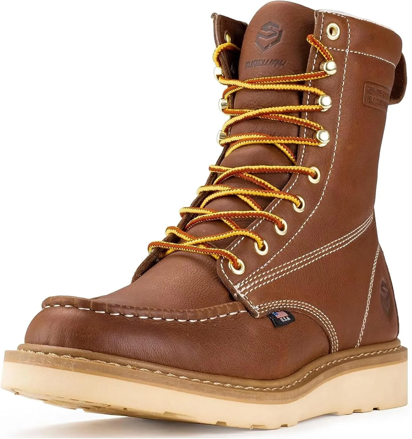 SUREWAY Mens 8 in Wedge Moc Soft/Steel Toe Work Boots for Men,Full-Grain Leather,Goodyear Welt,EH,Safety Industrial Construction Boots/Shoes for Women,Soft Toe Tobacco,Size 8