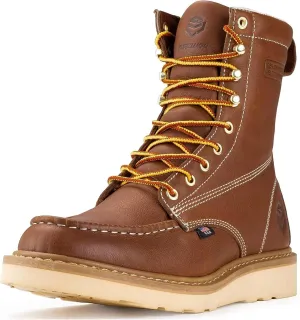 SUREWAY Mens 8 in Wedge Moc Soft/Steel Toe Work Boots for Men,Full-Grain Leather,Goodyear Welt,EH,Safety Industrial Construction Boots/Shoes for Women,Soft Toe Tobacco,Size 8