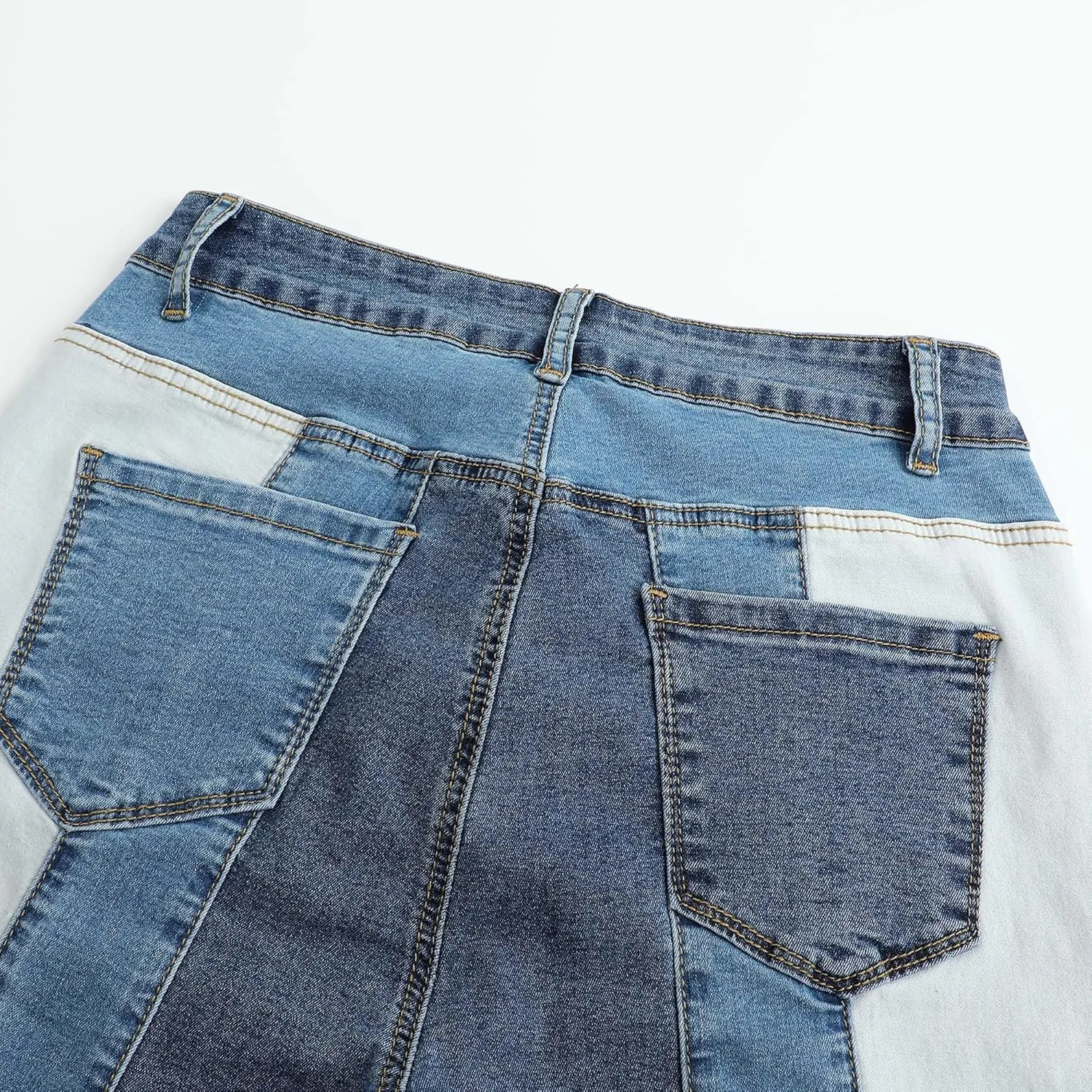 THUNDER STAR Women Patchwork Flare Jeans Stretch High Waisted Bell Bottom Raw Hem Denim Pants