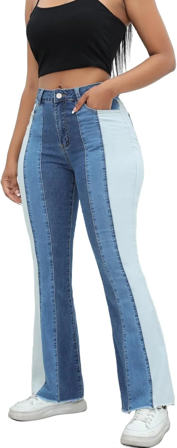 THUNDER STAR Women Patchwork Flare Jeans Stretch High Waisted Bell Bottom Raw Hem Denim Pants