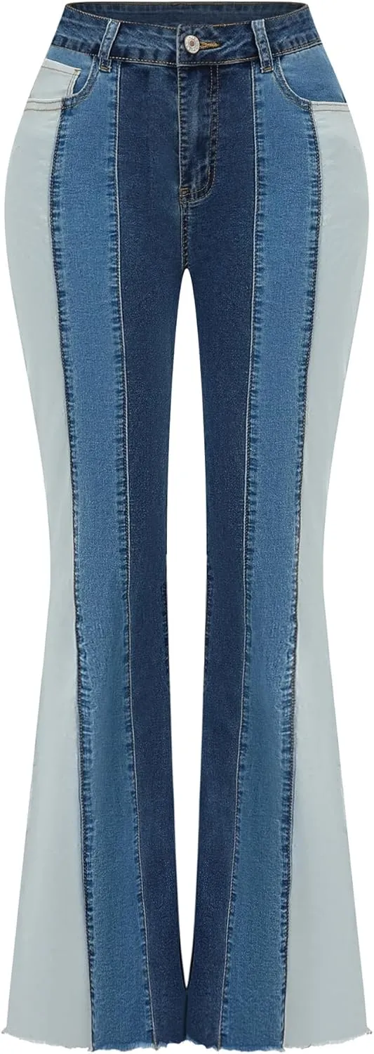 THUNDER STAR Women Patchwork Flare Jeans Stretch High Waisted Bell Bottom Raw Hem Denim Pants