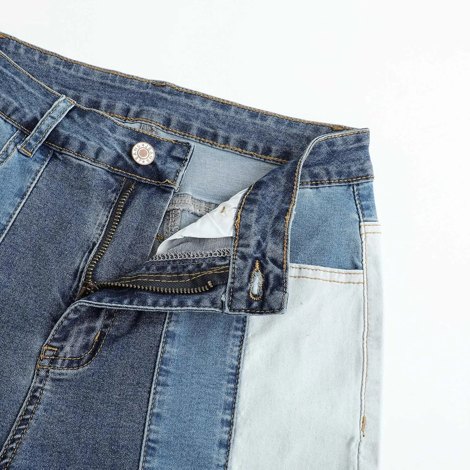 THUNDER STAR Women Patchwork Flare Jeans Stretch High Waisted Bell Bottom Raw Hem Denim Pants