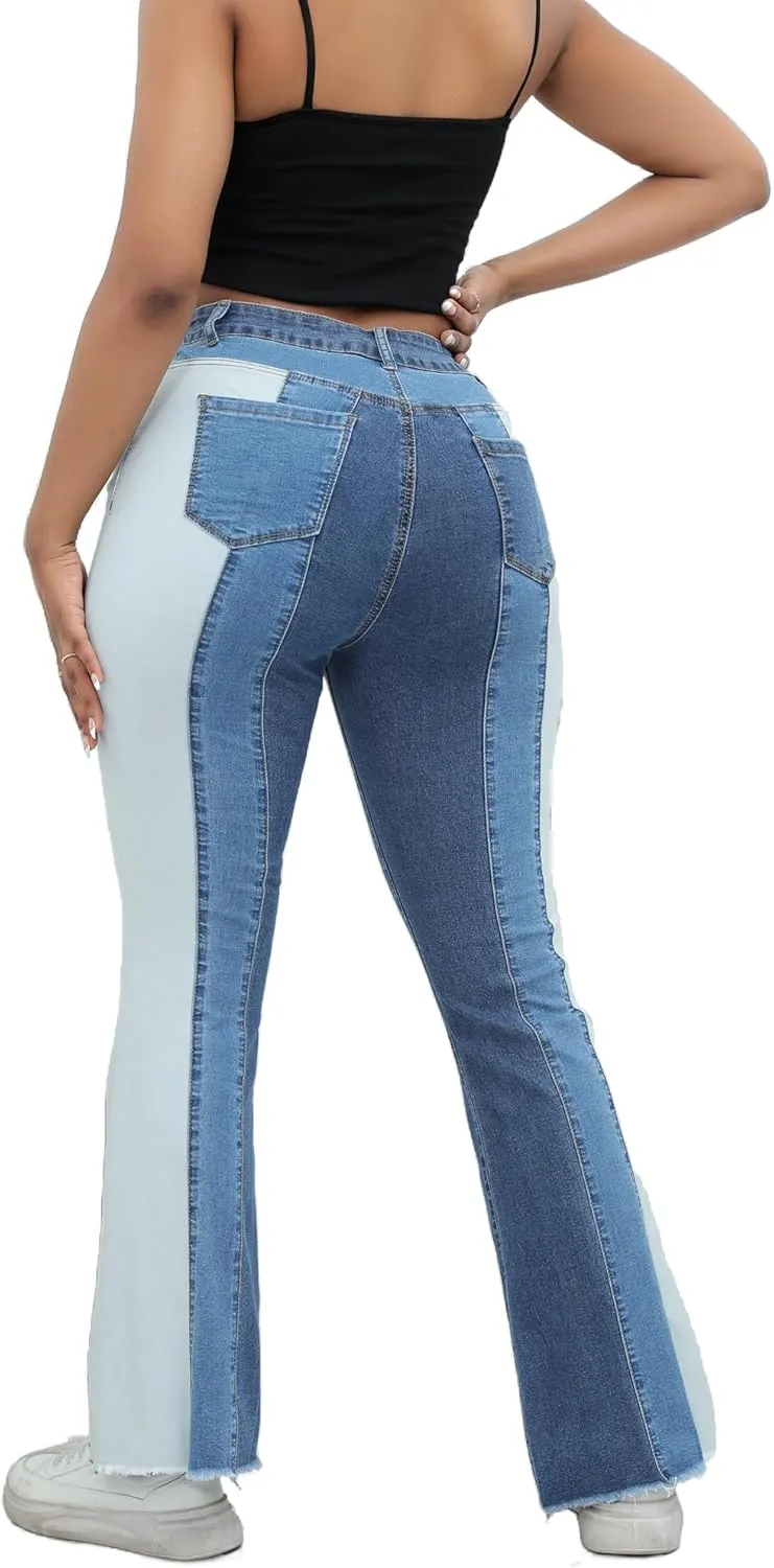 THUNDER STAR Women Patchwork Flare Jeans Stretch High Waisted Bell Bottom Raw Hem Denim Pants