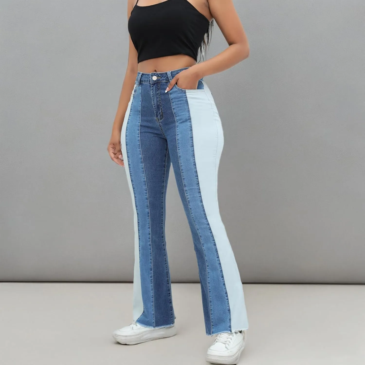 THUNDER STAR Women Patchwork Flare Jeans Stretch High Waisted Bell Bottom Raw Hem Denim Pants