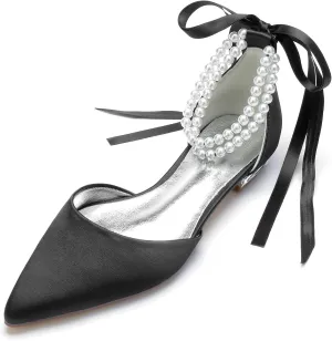 TNXZ Wedding Shoes Flats Women Pointed Toe Satin Pearls Ribbon Tie Bridal Dress Ballerina Sandals