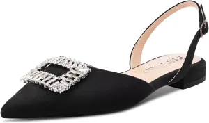 TNYNFBEB Women Chunky Block Low Heel Pointed Toe Flats Shoes Slingback Buckle Rhinestone Crystal Party Cute 0.6 Inches Heels