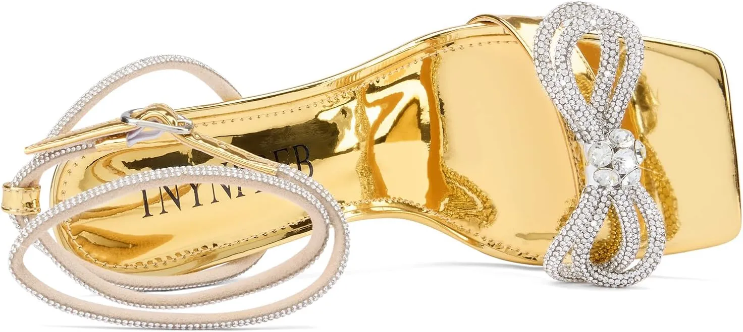 TNYNFBEB Womens Stiletto High Heel Open Square Toe Sandals Ankle Strap Two-Piece Buckle Rhinestone Crystal Bow-knot Prom Dress Summer 3.5 Inches Heels