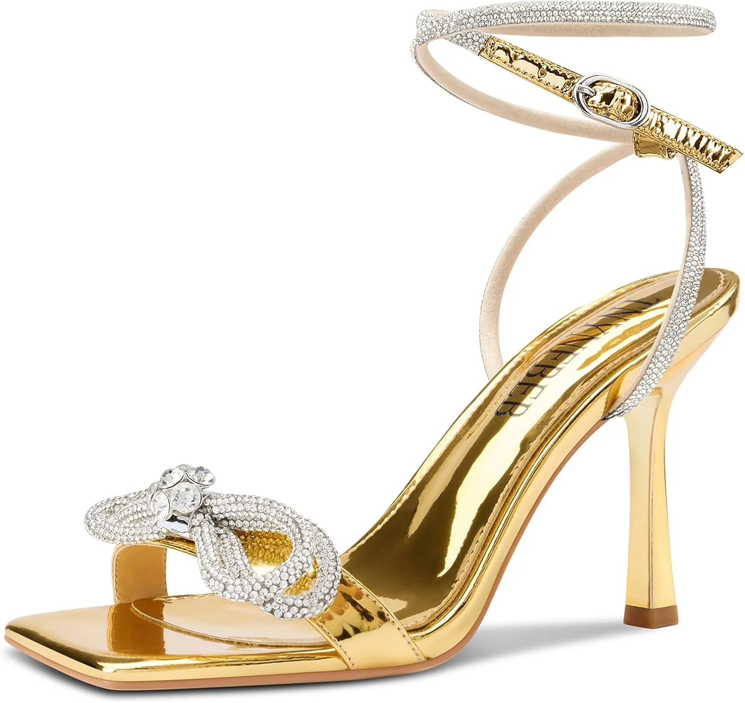 TNYNFBEB Womens Stiletto High Heel Open Square Toe Sandals Ankle Strap Two-Piece Buckle Rhinestone Crystal Bow-knot Prom Dress Summer 3.5 Inches Heels