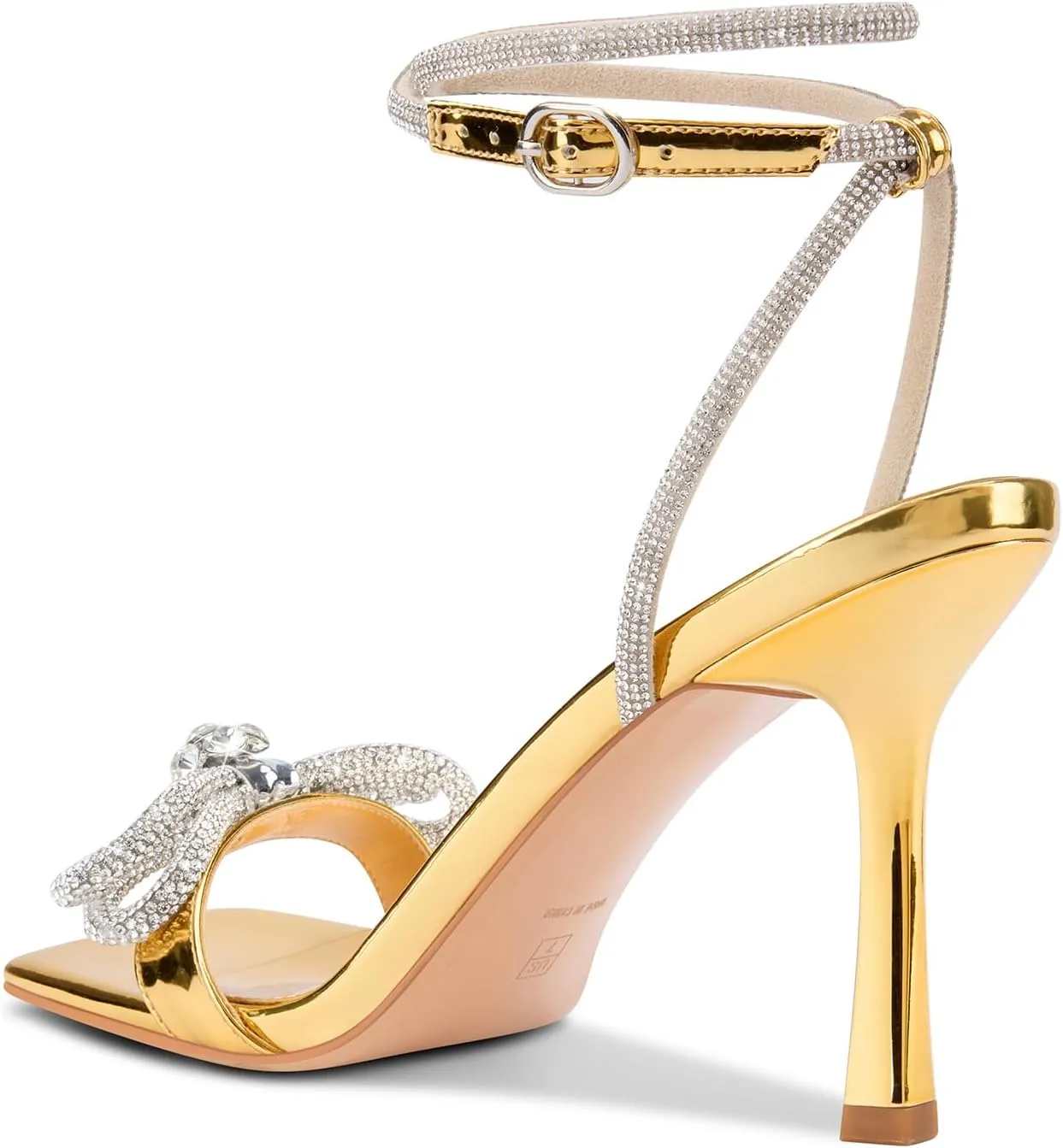 TNYNFBEB Womens Stiletto High Heel Open Square Toe Sandals Ankle Strap Two-Piece Buckle Rhinestone Crystal Bow-knot Prom Dress Summer 3.5 Inches Heels