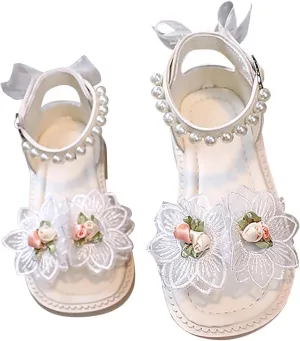Toddler Girl Sandal Flower Bow Pearl Dress Shoes Non Slip Open Toe Summer Sandals Double Strap Casual Shoes
