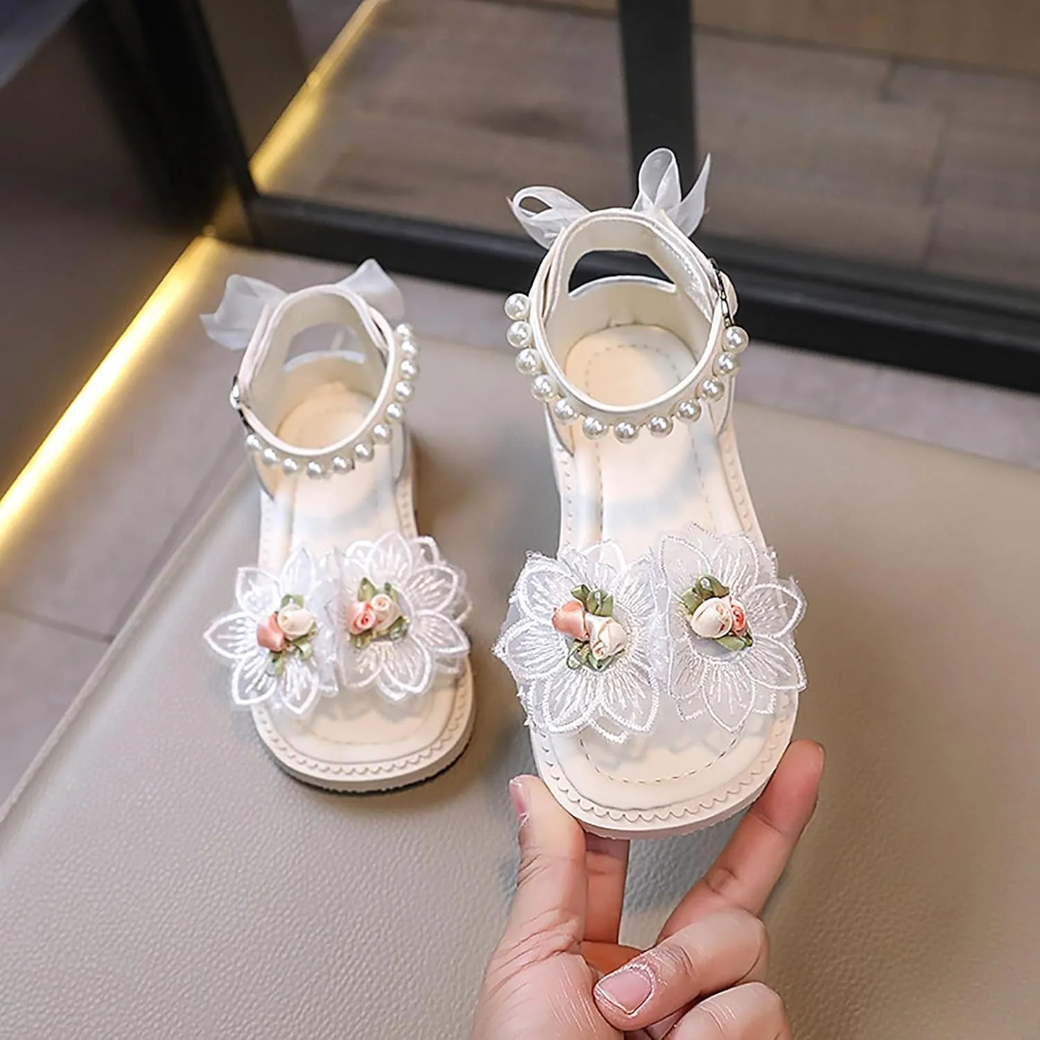 Toddler Girl Sandal Flower Bow Pearl Dress Shoes Non Slip Open Toe Summer Sandals Double Strap Casual Shoes