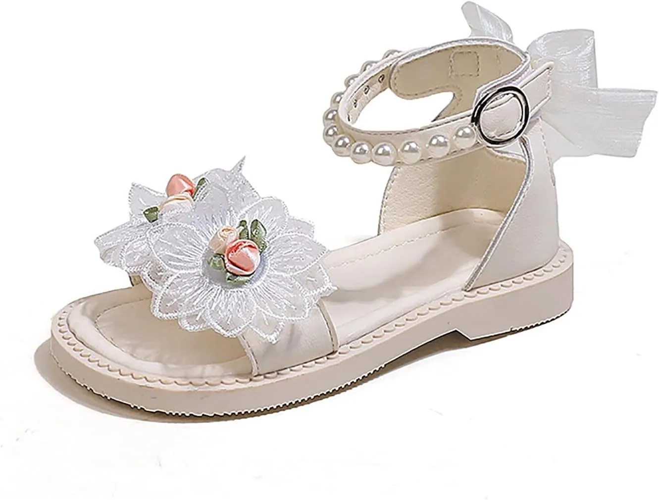 Toddler Girl Sandal Flower Bow Pearl Dress Shoes Non Slip Open Toe Summer Sandals Double Strap Casual Shoes