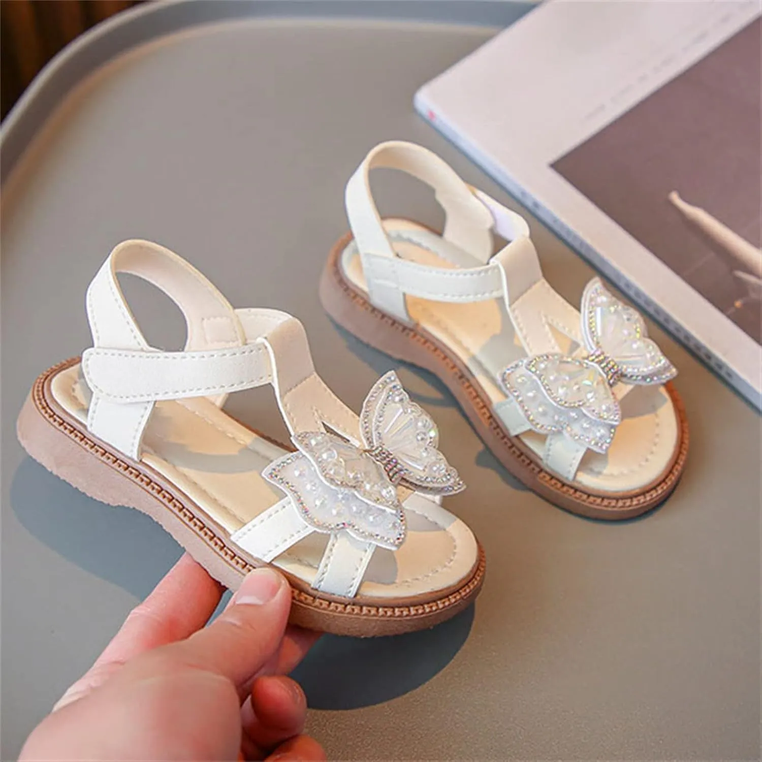 Toddler Girls Fashion Summer Bow Pearl Soft Sole Sandals Cork Travel Eva Lace Pearl Decoration Outdoor Shoes