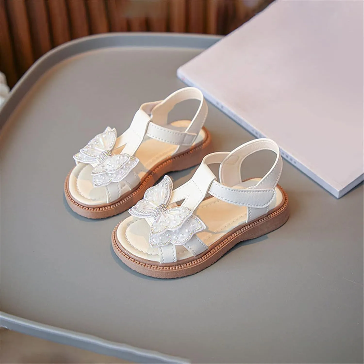 Toddler Girls Fashion Summer Bow Pearl Soft Sole Sandals Cork Travel Eva Lace Pearl Decoration Outdoor Shoes
