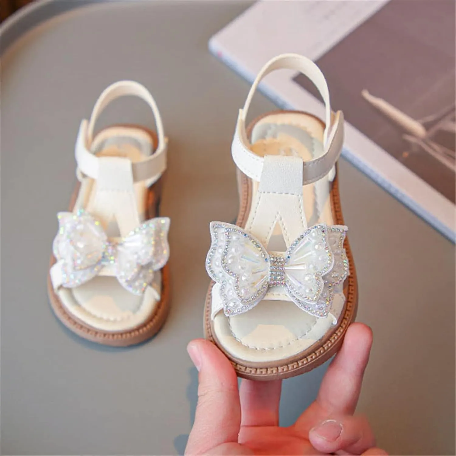 Toddler Girls Fashion Summer Bow Pearl Soft Sole Sandals Cork Travel Eva Lace Pearl Decoration Outdoor Shoes