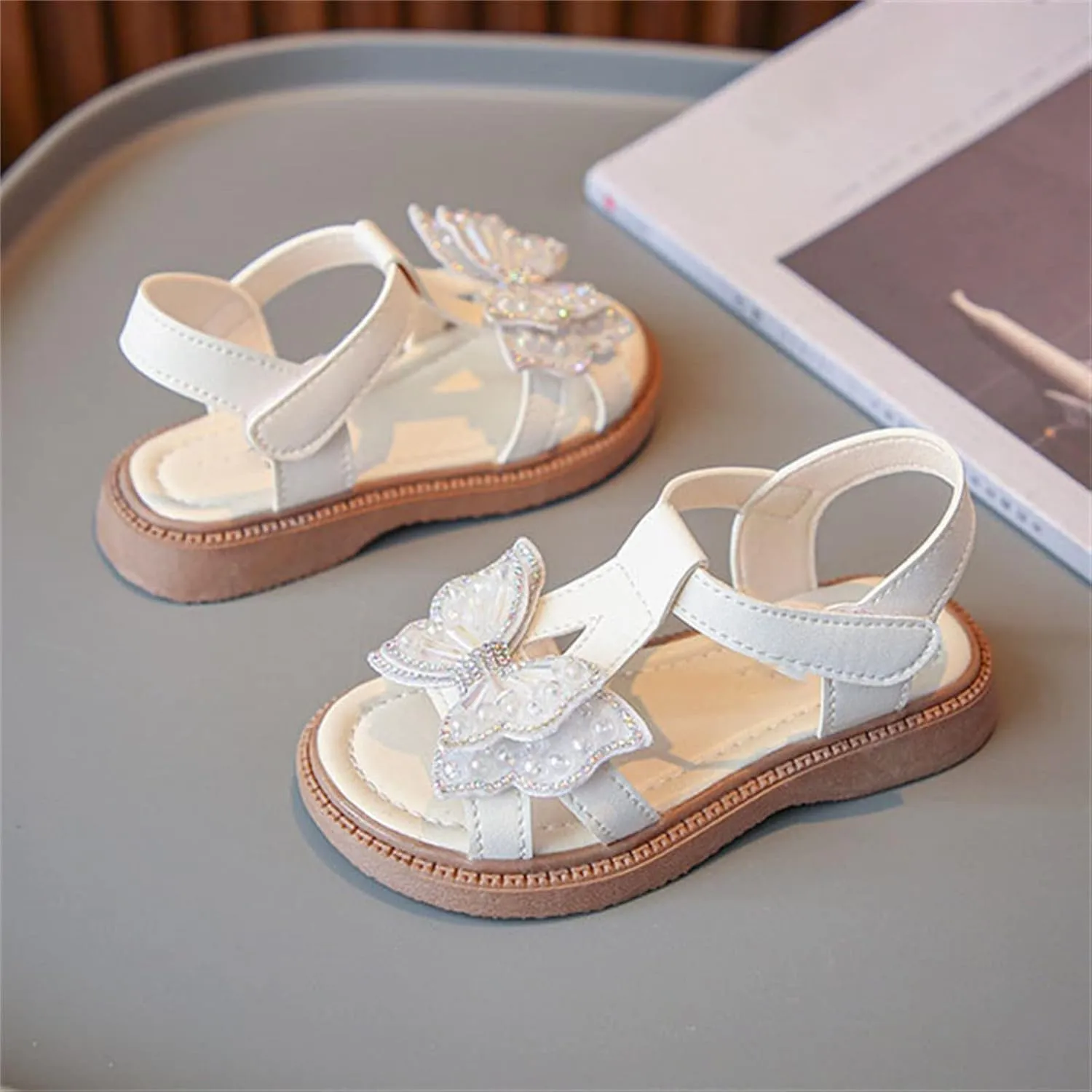 Toddler Girls Fashion Summer Bow Pearl Soft Sole Sandals Cork Travel Eva Lace Pearl Decoration Outdoor Shoes