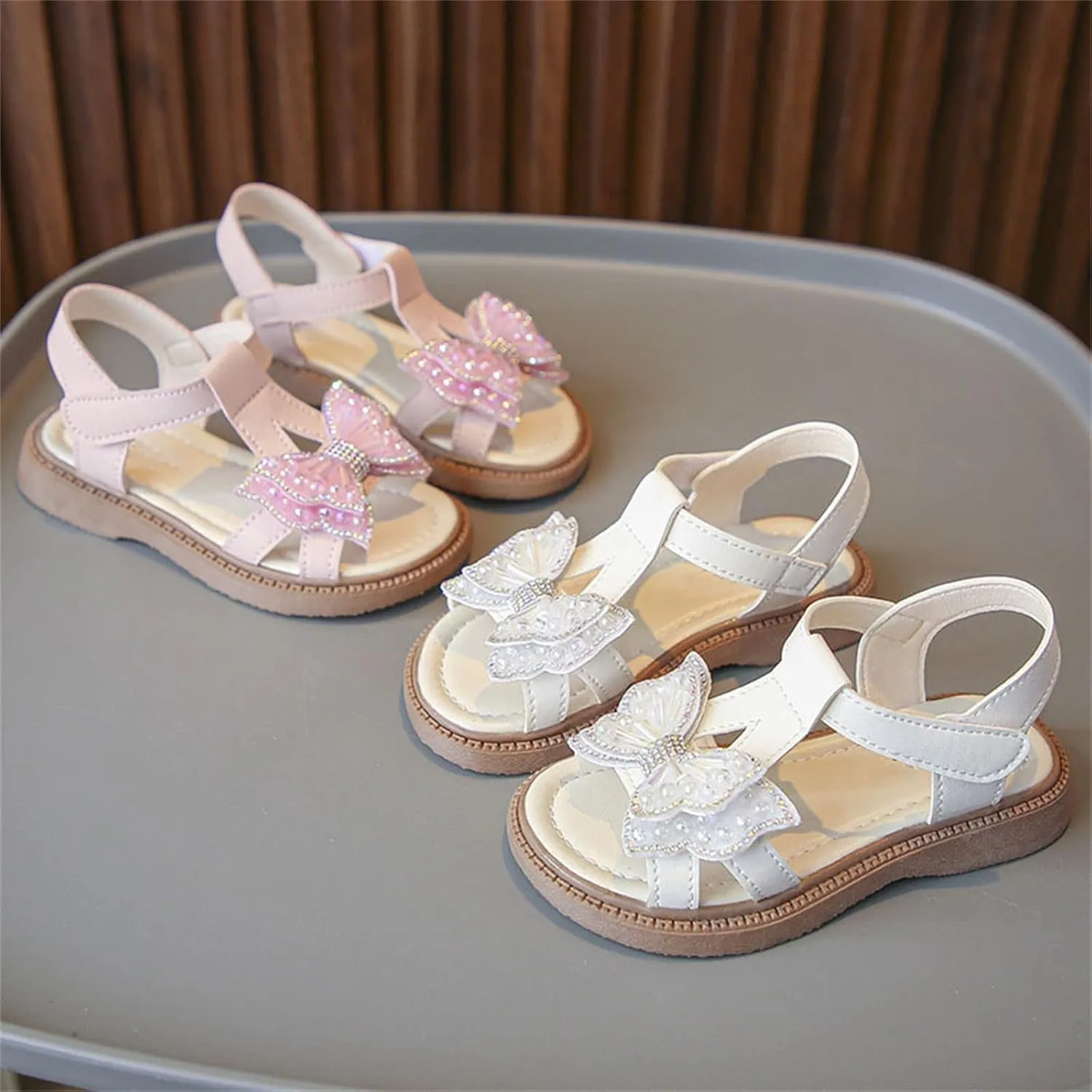 Toddler Girls Fashion Summer Bow Pearl Soft Sole Sandals Cork Travel Eva Lace Pearl Decoration Outdoor Shoes