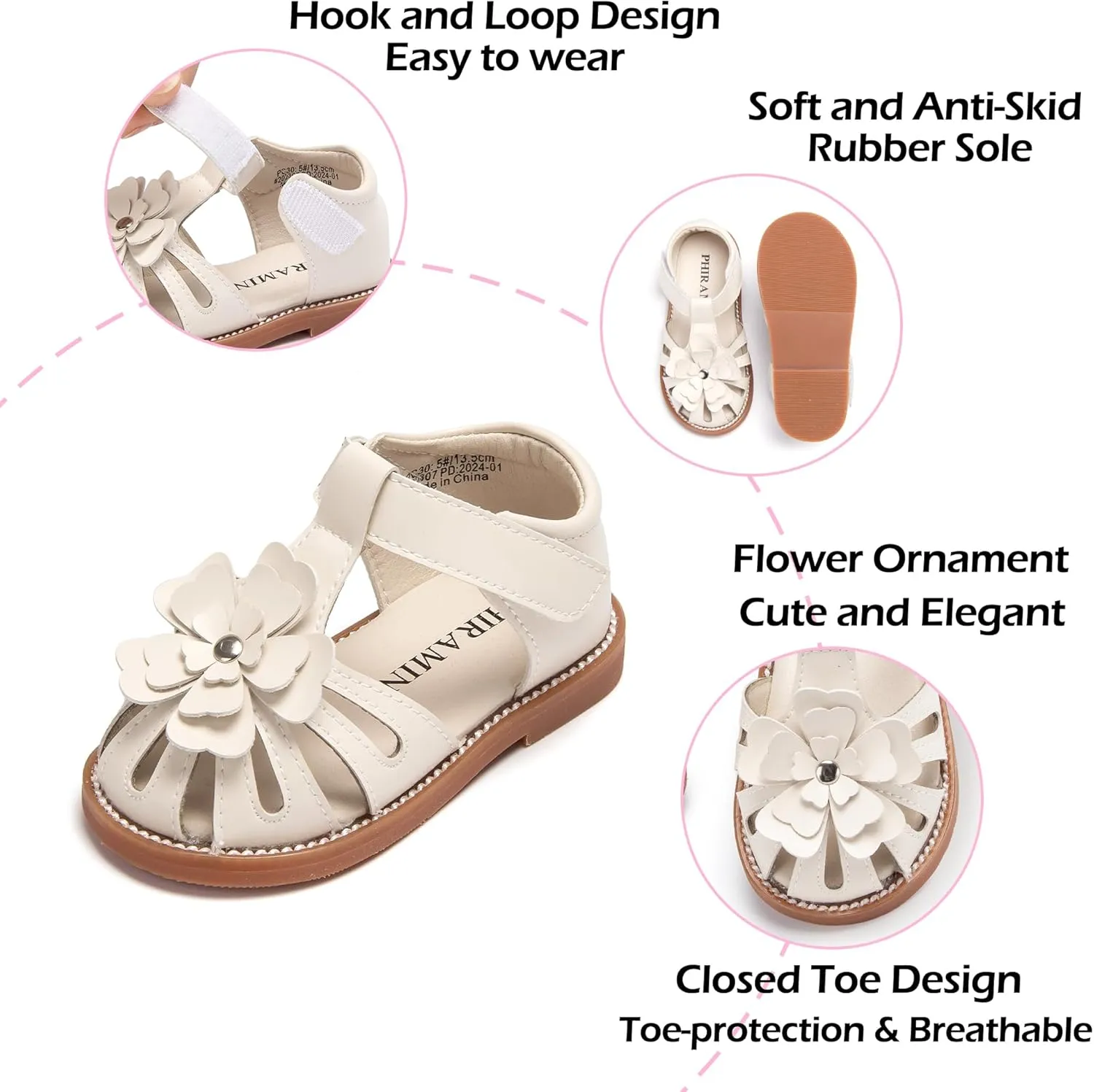 Toddler Little Girl Summer Sandals - Flower Girl Close Toe Dress Shoes Flats Wedding Princess