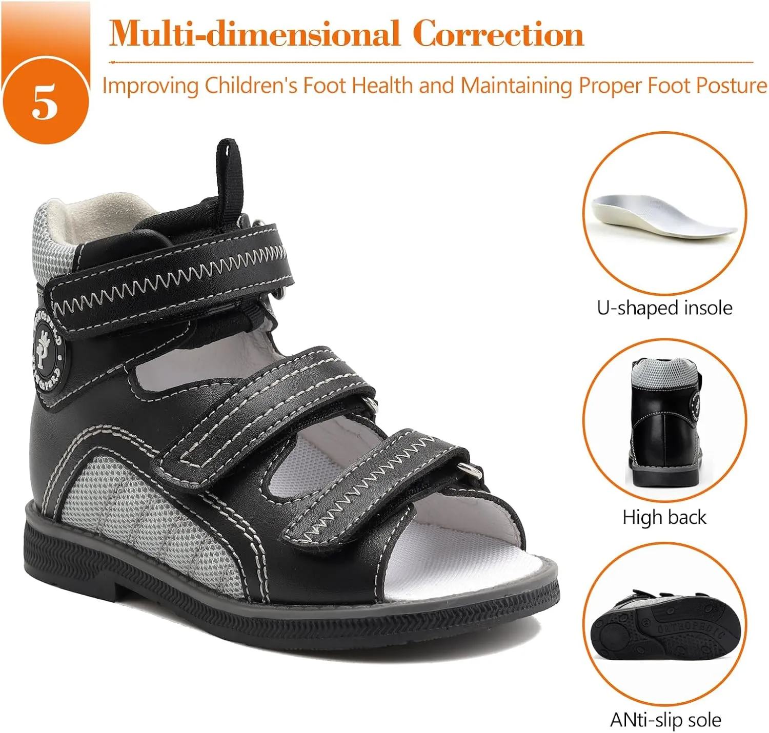 Toddlers Orthopedic Sandals with Arch and Ankle Support,Kids High Back Black Shoes