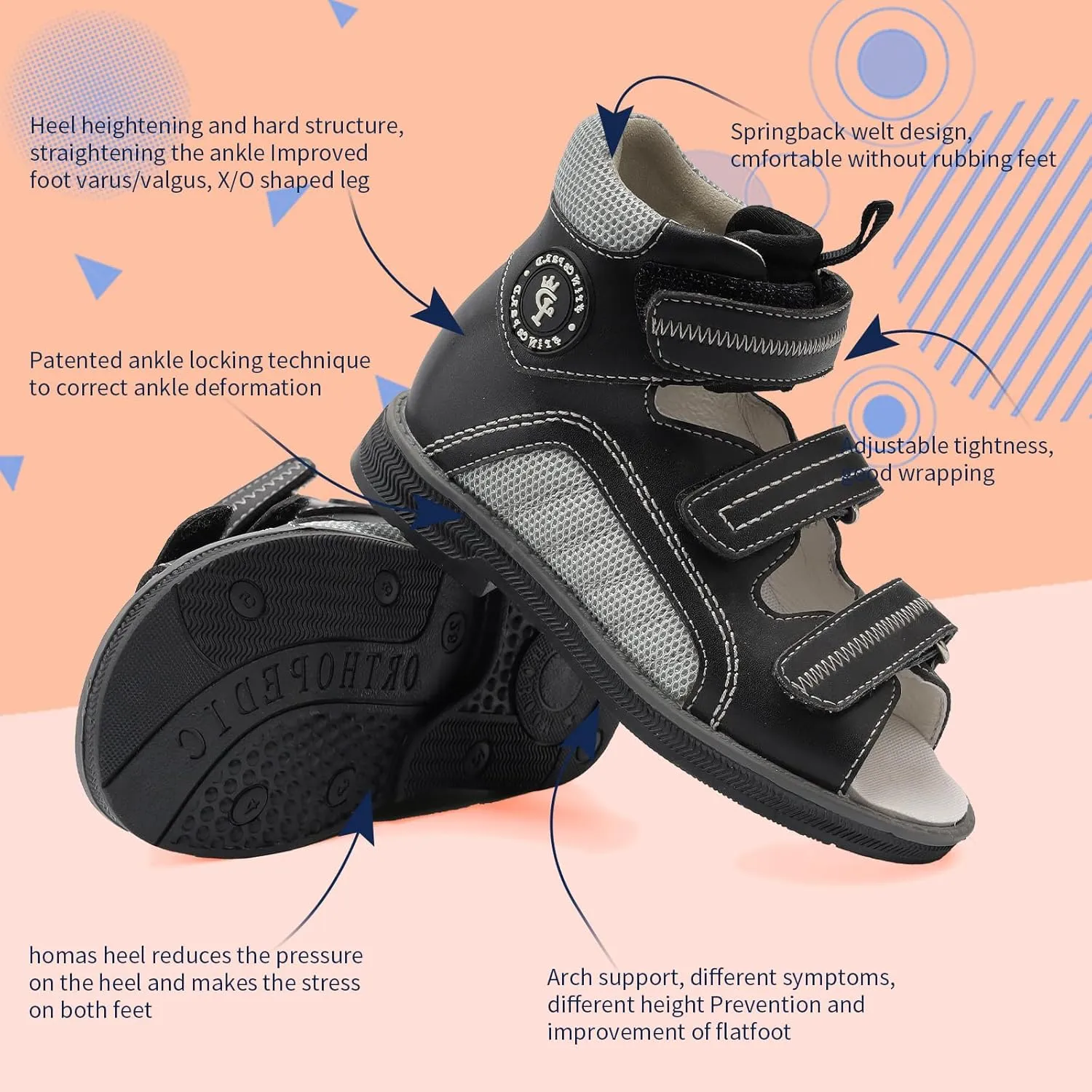 Toddlers Orthopedic Sandals with Arch and Ankle Support,Kids High Back Black Shoes