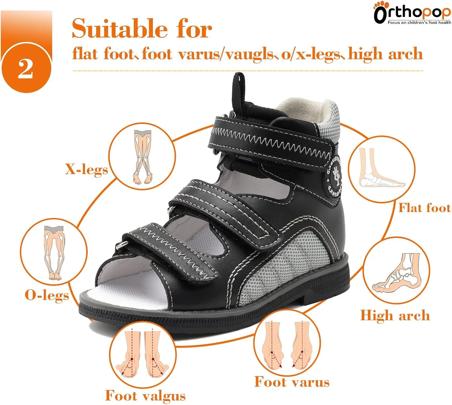 Toddlers Orthopedic Sandals with Arch and Ankle Support,Kids High Back Black Shoes