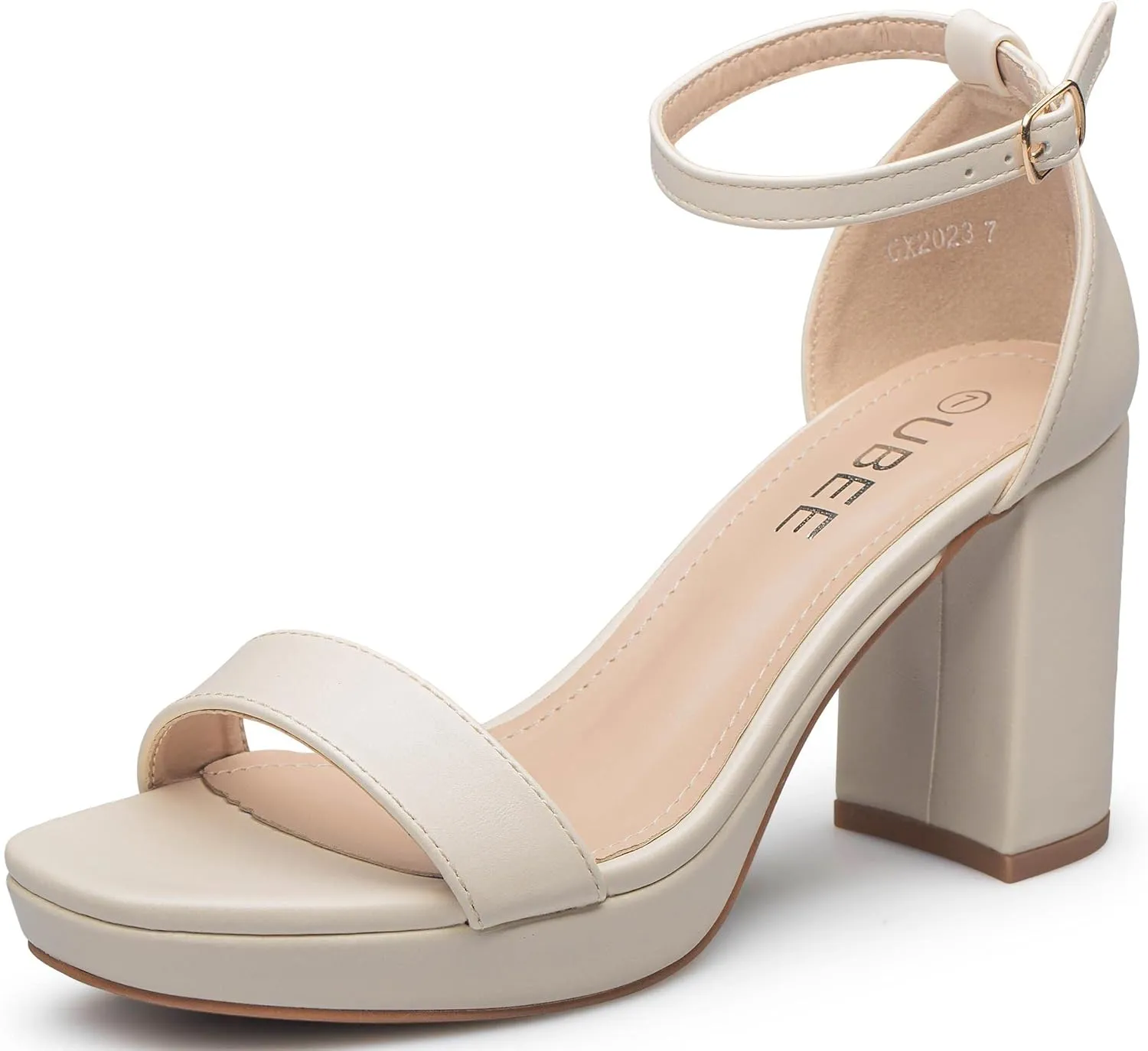 UBEE Nude High Heels Women's open toe ankle strap Thick heel Pump Sandals Party wedding Buckle Sandals