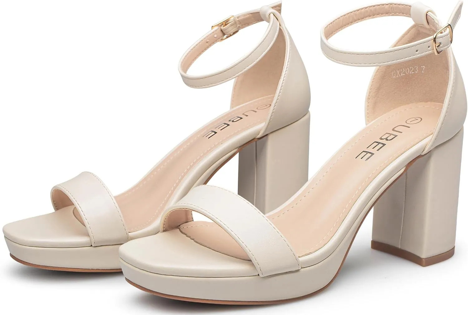UBEE Nude High Heels Women's open toe ankle strap Thick heel Pump Sandals Party wedding Buckle Sandals