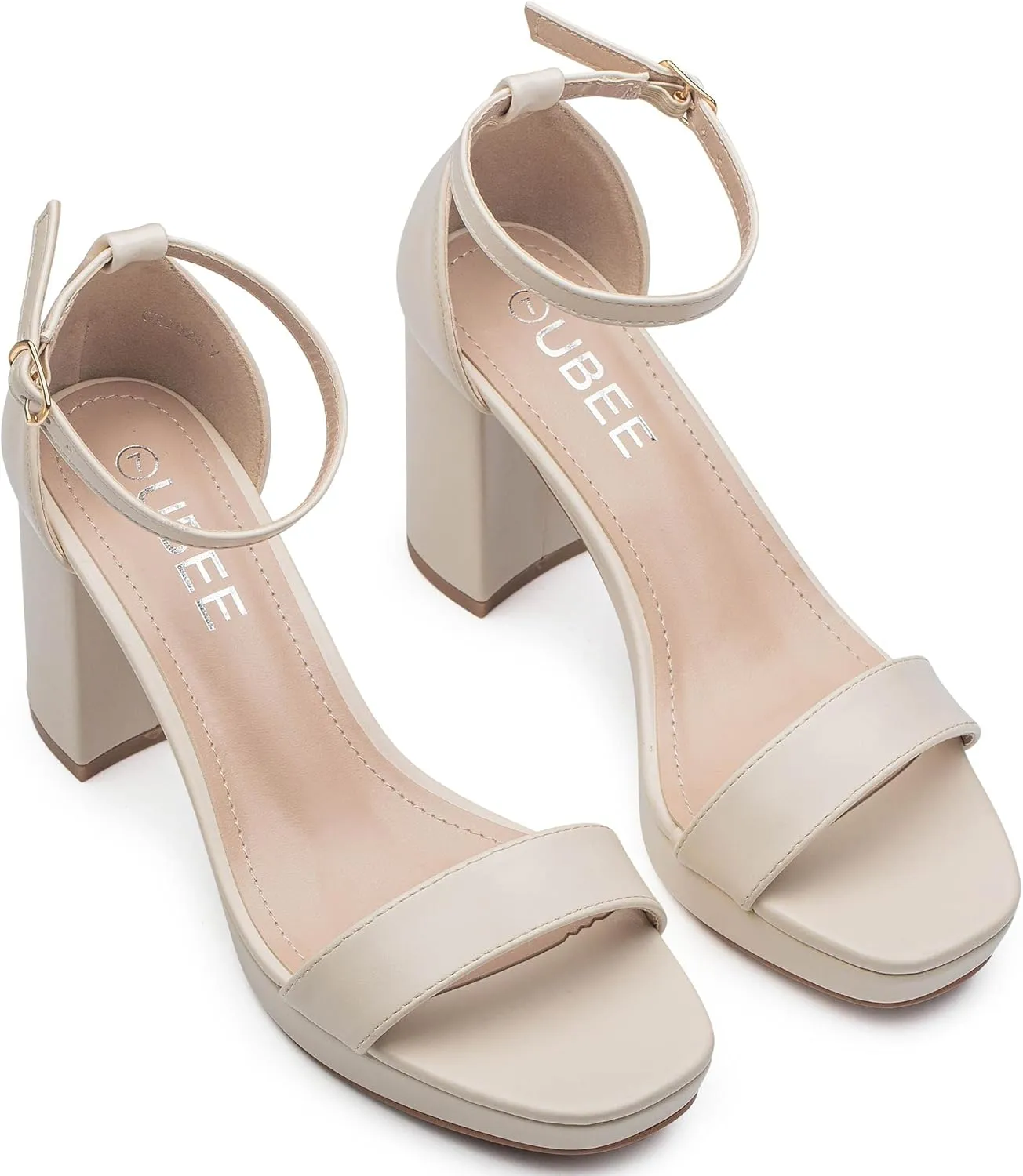 UBEE Nude High Heels Women's open toe ankle strap Thick heel Pump Sandals Party wedding Buckle Sandals
