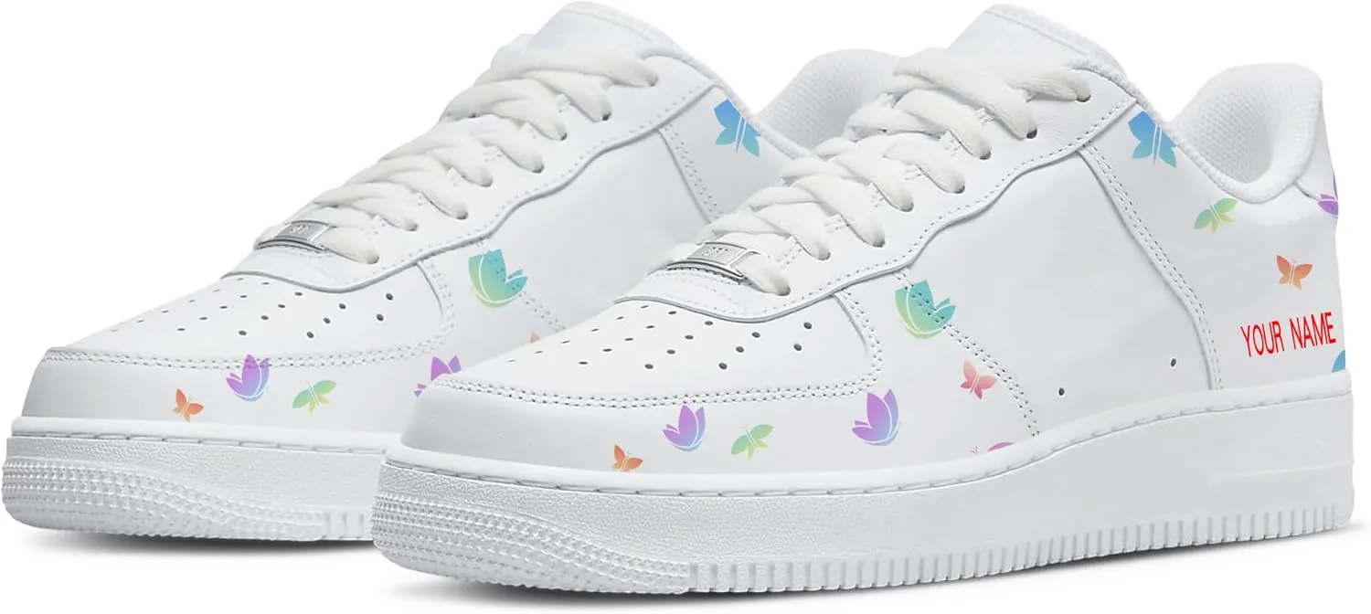 Unique Name Design Low-Top Sneakers - Personalized Customized Name Colorful Butterfly White Fashion Sneakers Casual Everyday Shoes for Women Men