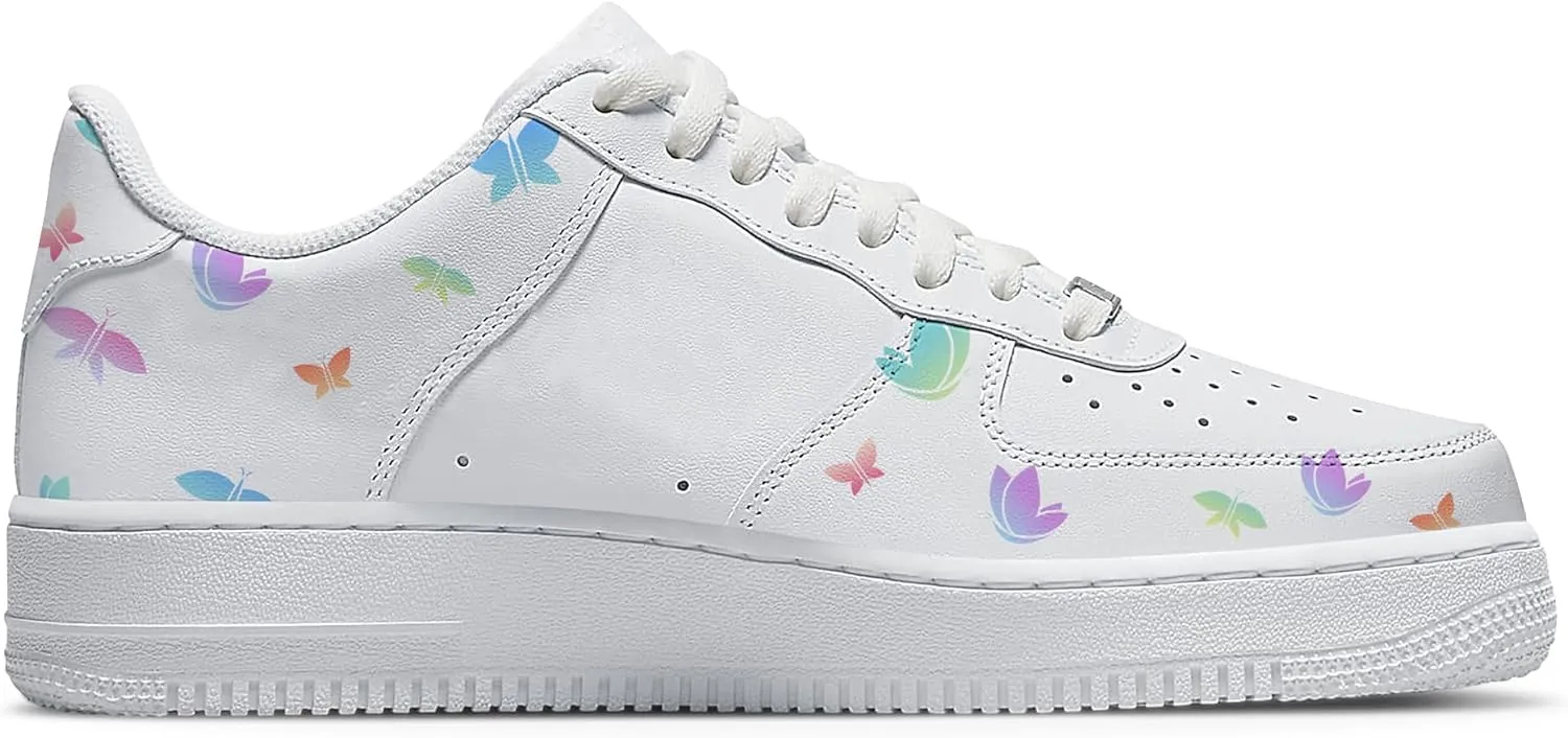 Unique Name Design Low-Top Sneakers - Personalized Customized Name Colorful Butterfly White Fashion Sneakers Casual Everyday Shoes for Women Men