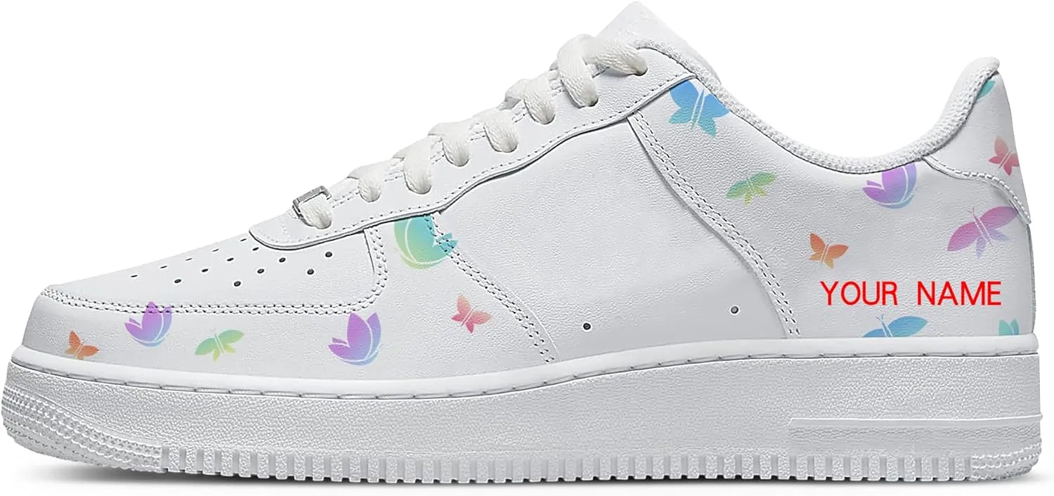 Unique Name Design Low-Top Sneakers - Personalized Customized Name Colorful Butterfly White Fashion Sneakers Casual Everyday Shoes for Women Men