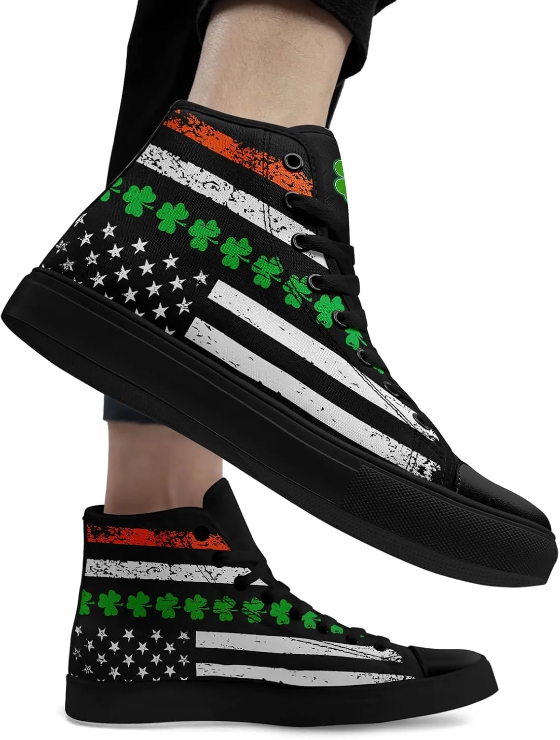 Unisex High-Top Canvas Sneakers – Green Lucky Design with Clover Hat, Comfortable and Stylish Canvas Casual Shoes for Men