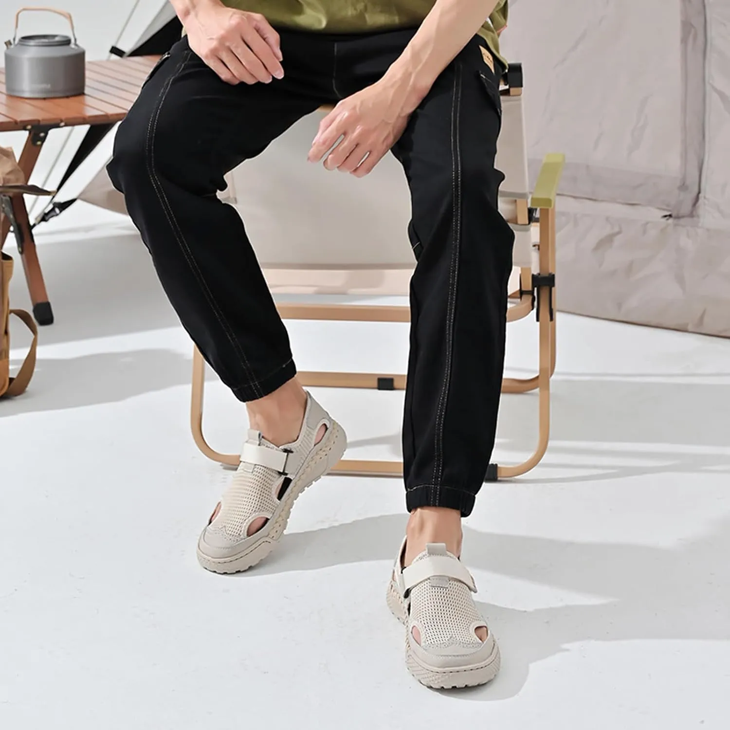 URLECHS Men's Breathable Mesh Closed Toe Hollow Sport Sandals Adjustable Hook&Loop Summer Beach Fishermen Shoes Comfortable Round Toe Anti-Slip Outdoor Casual Shoes
