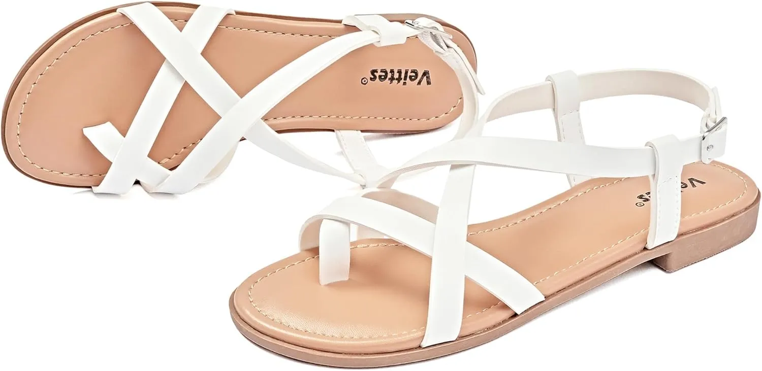 Veittes Women's Flat Slide Sandals - Comfort Casual Criss Cross Flat Summer Shoes.