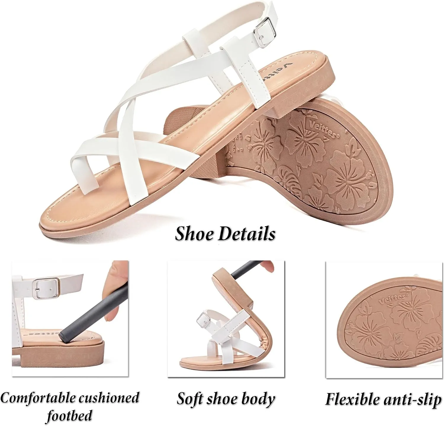 Veittes Women's Flat Slide Sandals - Comfort Casual Criss Cross Flat Summer Shoes.