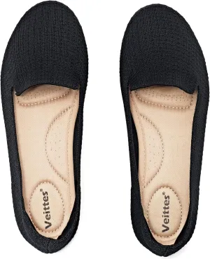 Veittes Women's Wide Width Flats Shoes, Dressy Comfortable Soft Ladies Elegant Slip on Knitted Ballet Shoes.(2205003-4,BK02/FK,7W)