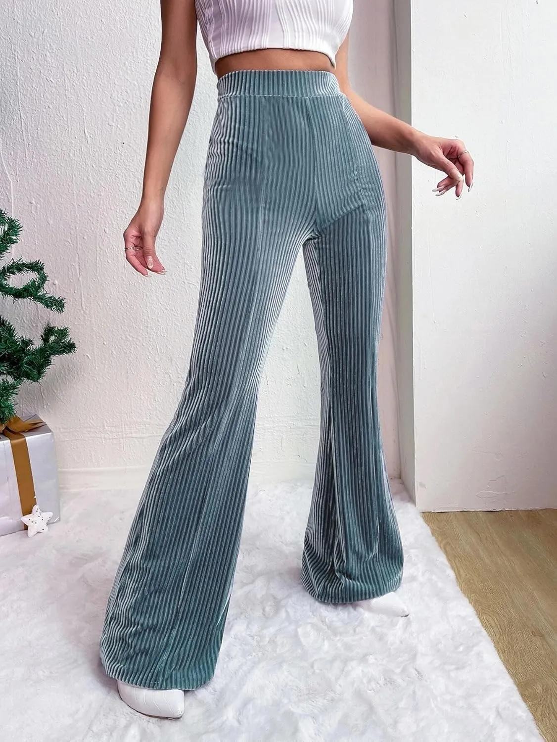Velvet Flared Pants for Women Fall Winter High Elastic Waist Lounge Trousers Striped Palazzo Pants