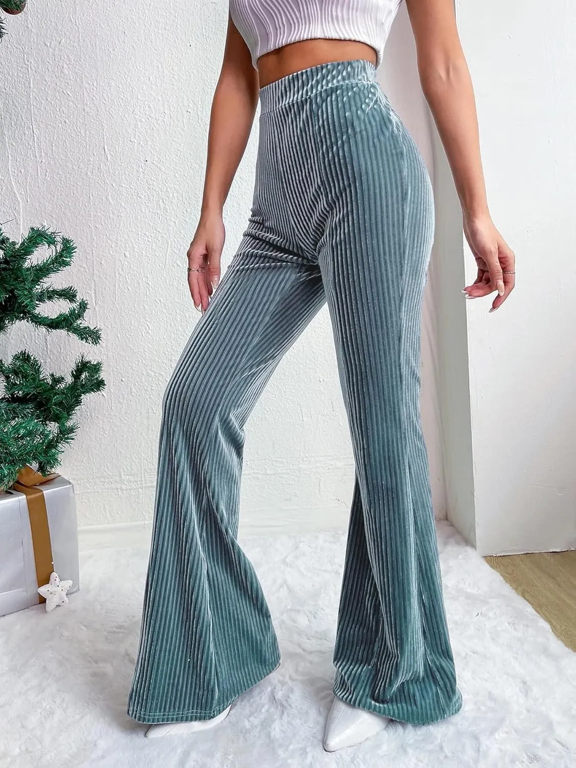 Velvet Flared Pants for Women Fall Winter High Elastic Waist Lounge Trousers Striped Palazzo Pants