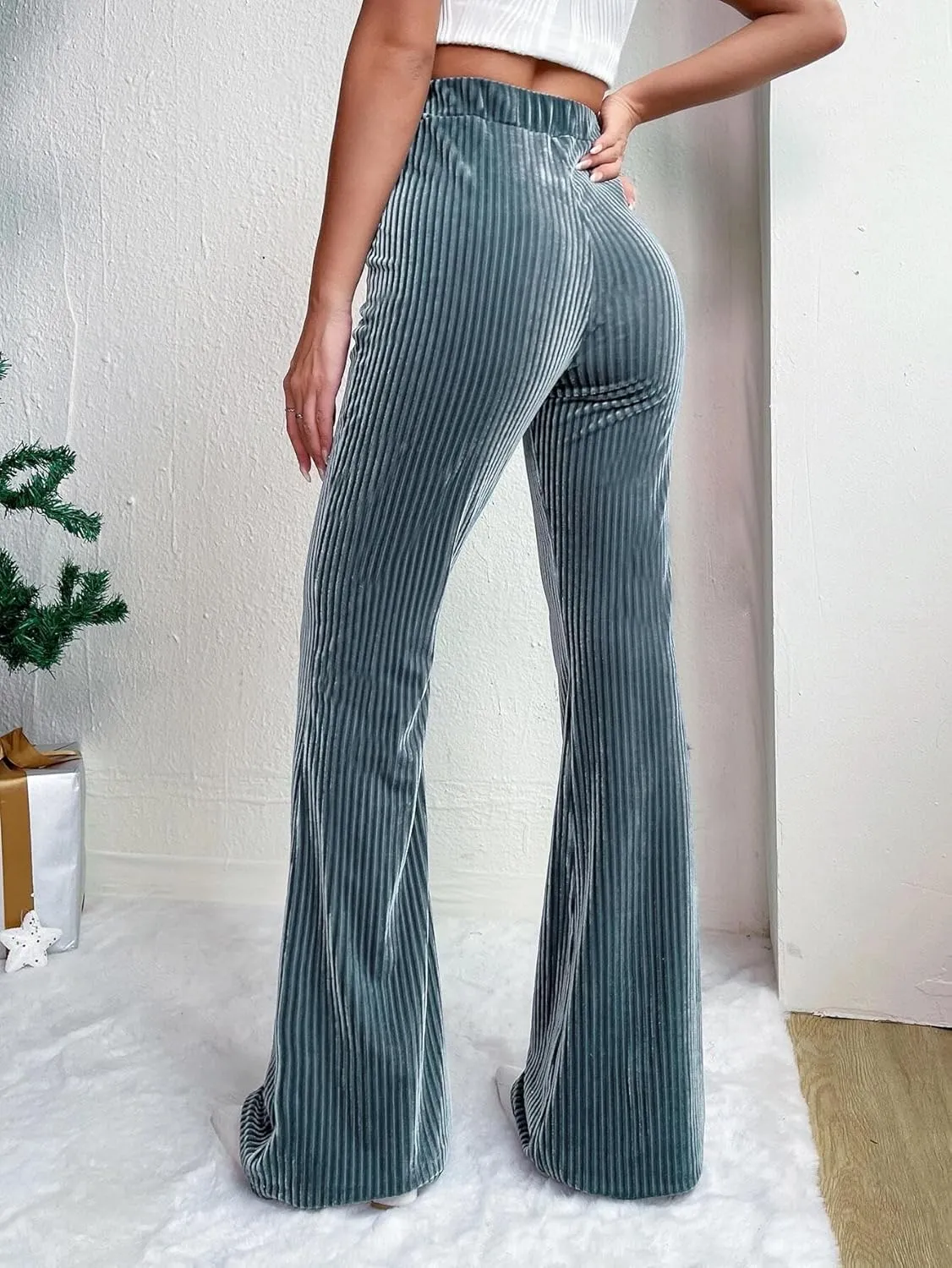 Velvet Flared Pants for Women Fall Winter High Elastic Waist Lounge Trousers Striped Palazzo Pants