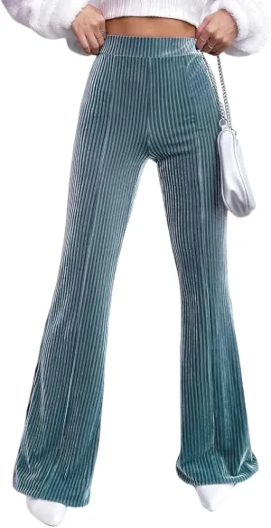 Velvet Flared Pants for Women Fall Winter High Elastic Waist Lounge Trousers Striped Palazzo Pants