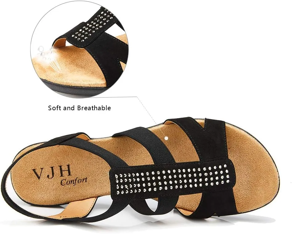 VJH confort Women's Comfort Flat Sandals Summer,with Rhinestone Open Toe Elastic Slip On Slingback Casual Walking Low Heele Sandals