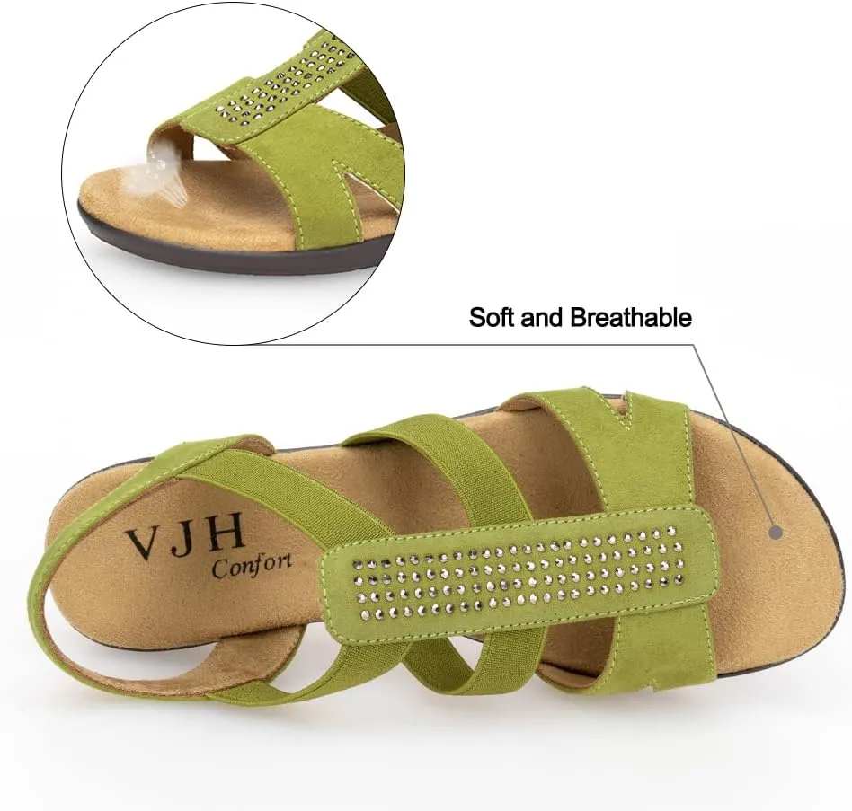 VJH confort Women's Comfort Flat Sandals Summer,with Rhinestone Open Toe Elastic Slip On Slingback Casual Walking Low Heele Sandals