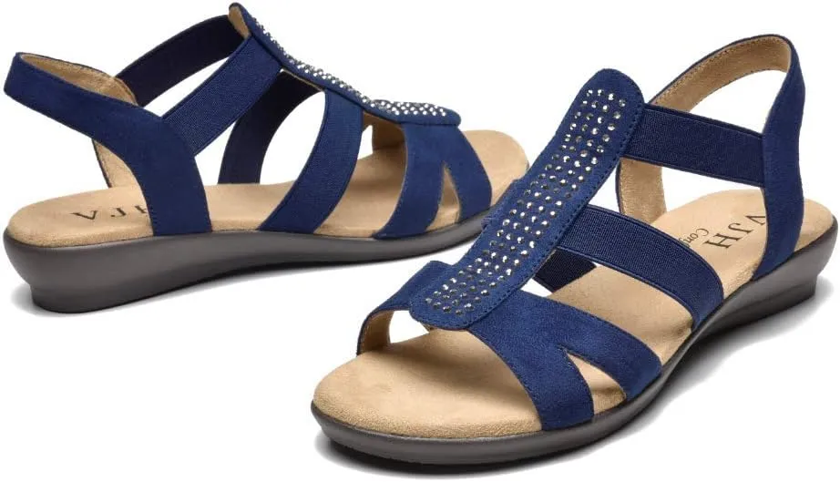 VJH confort Women's Comfort Flat Sandals Summer,with Rhinestone Open Toe Elastic Slip On Slingback Casual Walking Low Heele Sandals