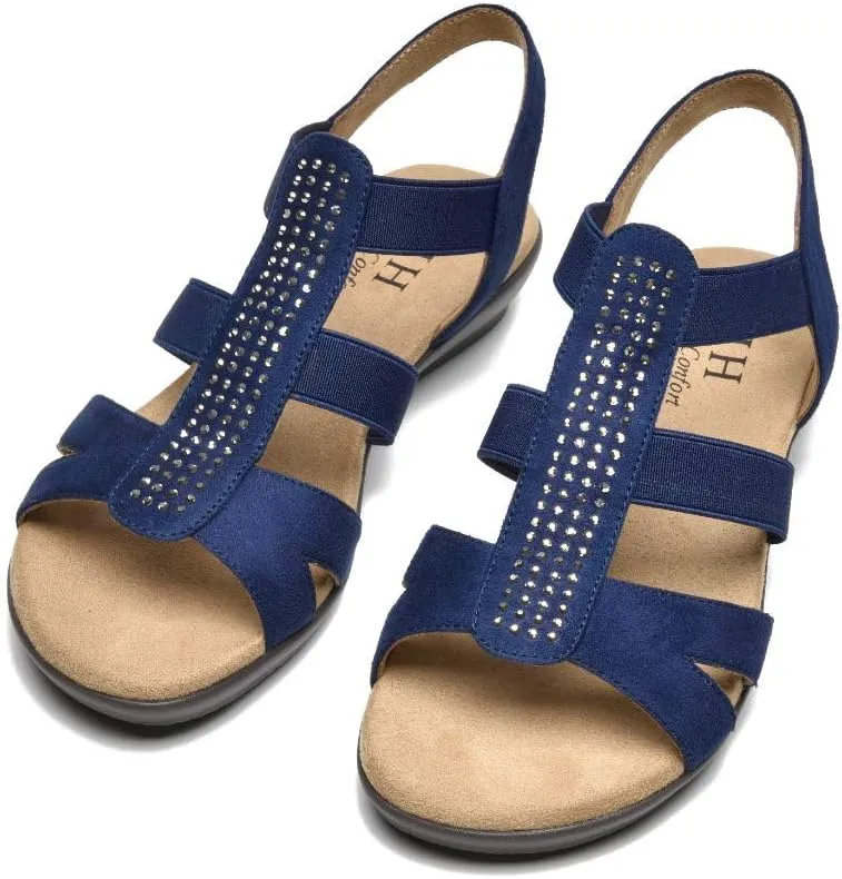 VJH confort Women's Comfort Flat Sandals Summer,with Rhinestone Open Toe Elastic Slip On Slingback Casual Walking Low Heele Sandals