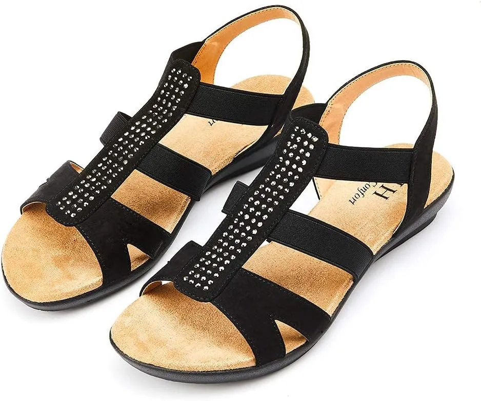 VJH confort Women's Comfort Flat Sandals Summer,with Rhinestone Open Toe Elastic Slip On Slingback Casual Walking Low Heele Sandals