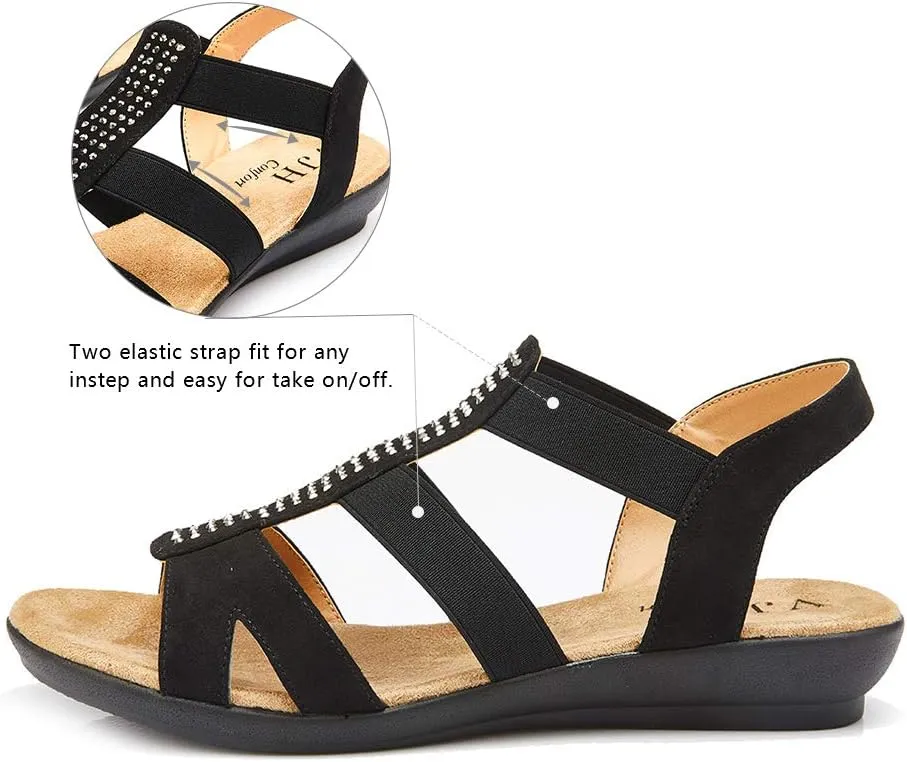 VJH confort Women's Comfort Flat Sandals Summer,with Rhinestone Open Toe Elastic Slip On Slingback Casual Walking Low Heele Sandals